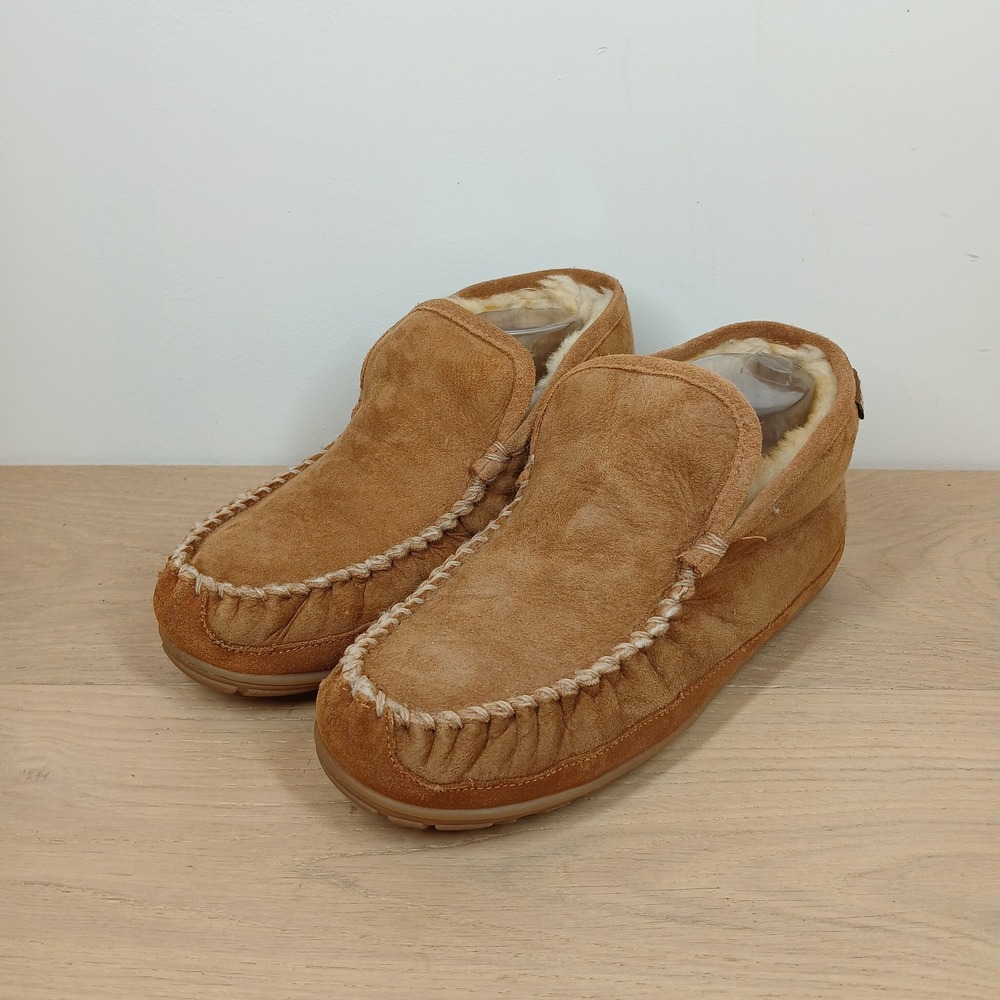 L.L.Bean Slippers Men 8 Wide Brown Suede Leather Moccasin Shearling Lined Cozy
